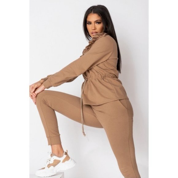 Brown Long Sleeve High Neck Top and High Waist Joggers Pants Two Piece Set - Picture 9 of 10